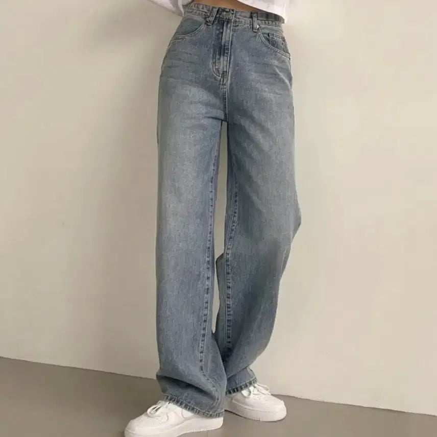 [BUNJANG] High-Waist Wide-Leg Jeans / [연청] 하이웨스트 일자 와이드 청바지 데님팬츠
