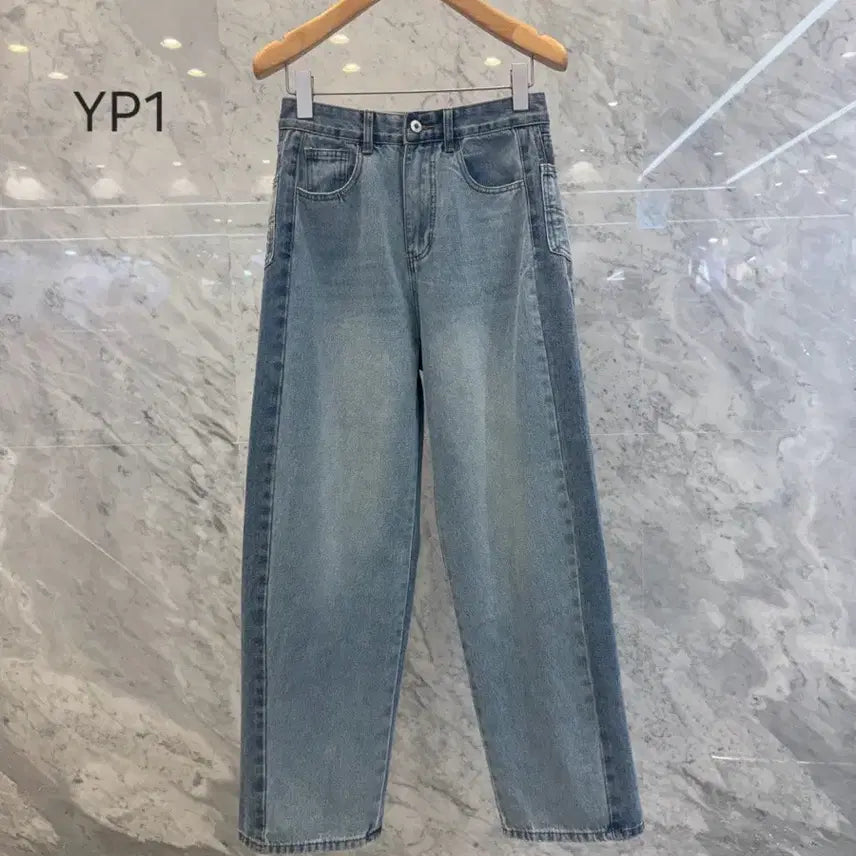 [BUNJANG] Js New York Style Washed Medium Blue Denim Wide Jeans / js뉴욕스타일신상 워싱 중청 세미 데님 와이드 청바지