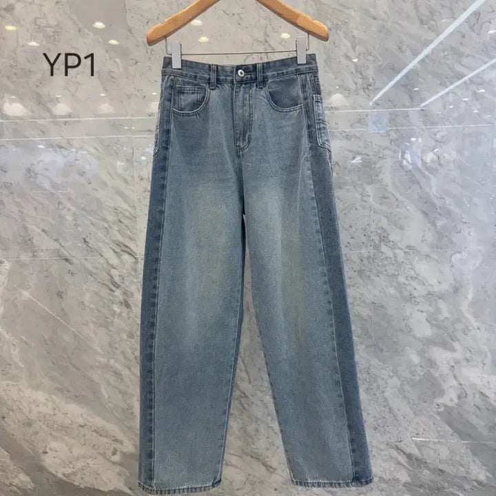 [BUNJANG] Js New York Style Washed Medium Blue Denim Wide Jeans / js뉴욕스타일신상 워싱 중청 세미 데님 와이드 청바지