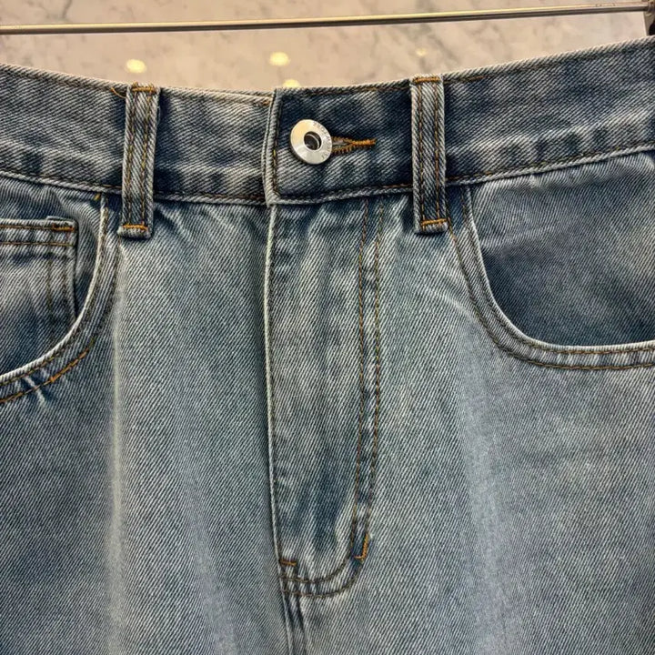 [BUNJANG] Js New York Style Washed Medium Blue Denim Wide Jeans / js뉴욕스타일신상 워싱 중청 세미 데님 와이드 청바지