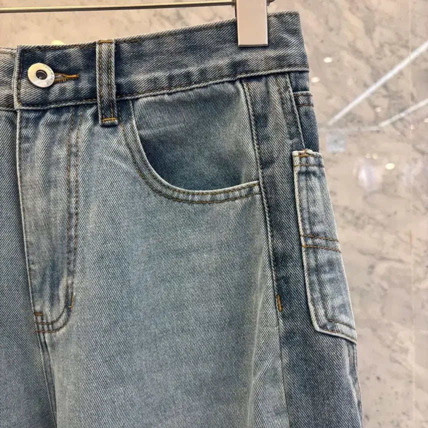 [BUNJANG] Js New York Style Washed Medium Blue Denim Wide Jeans / js뉴욕스타일신상 워싱 중청 세미 데님 와이드 청바지