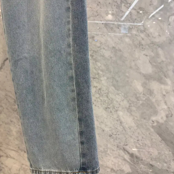 [BUNJANG] Js New York Style Washed Medium Blue Denim Wide Jeans / js뉴욕스타일신상 워싱 중청 세미 데님 와이드 청바지