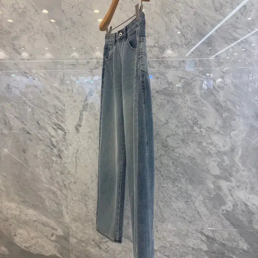 [BUNJANG] Js New York Style Washed Medium Blue Denim Wide Jeans / js뉴욕스타일신상 워싱 중청 세미 데님 와이드 청바지