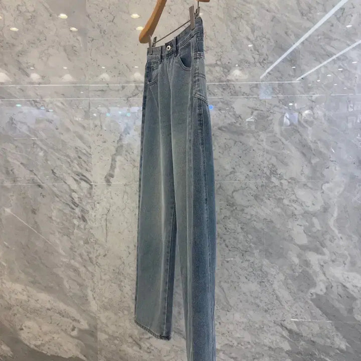 [BUNJANG] Js New York Style Washed Medium Blue Denim Wide Jeans / js뉴욕스타일신상 워싱 중청 세미 데님 와이드 청바지
