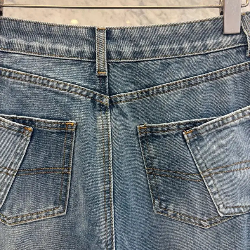 [BUNJANG] Js New York Style Washed Medium Blue Denim Wide Jeans / js뉴욕스타일신상 워싱 중청 세미 데님 와이드 청바지