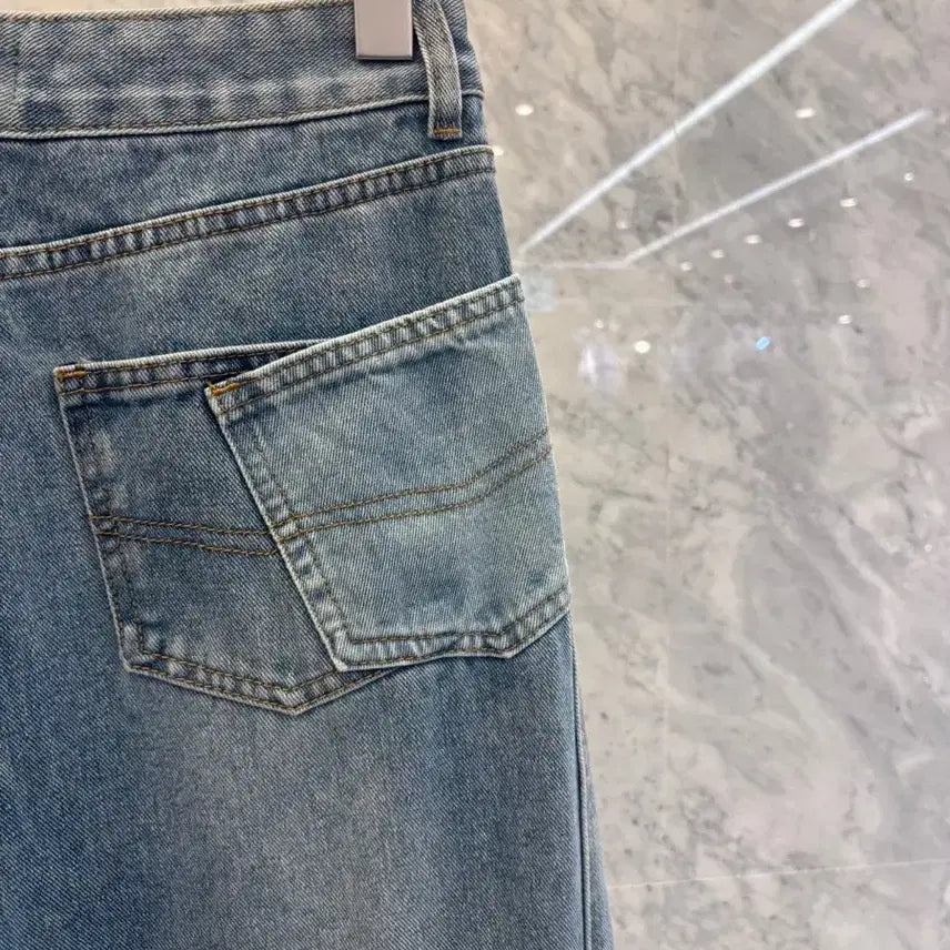 [BUNJANG] Js New York Style Washed Medium Blue Denim Wide Jeans / js뉴욕스타일신상 워싱 중청 세미 데님 와이드 청바지
