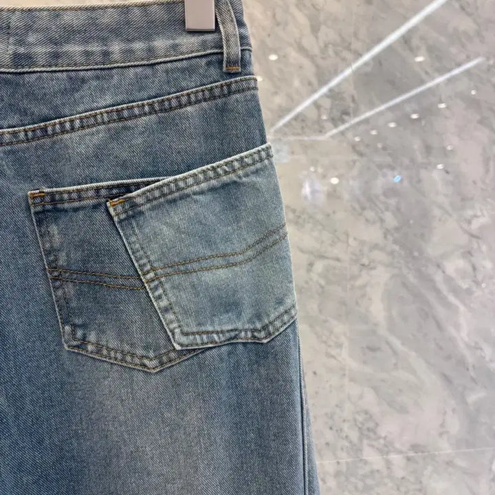 [BUNJANG] Js New York Style Washed Medium Blue Denim Wide Jeans / js뉴욕스타일신상 워싱 중청 세미 데님 와이드 청바지