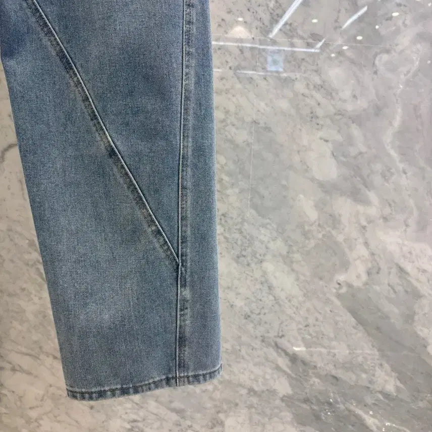 [BUNJANG] Js New York Style Washed Medium Blue Denim Wide Jeans / js뉴욕스타일신상 워싱 중청 세미 데님 와이드 청바지