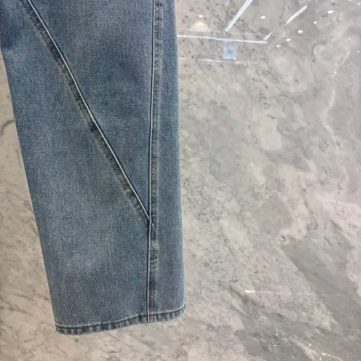 [BUNJANG] Js New York Style Washed Medium Blue Denim Wide Jeans / js뉴욕스타일신상 워싱 중청 세미 데님 와이드 청바지