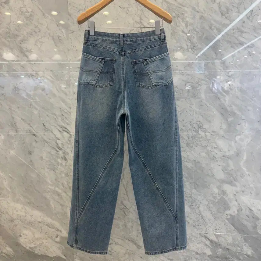 [BUNJANG] Js New York Style Washed Medium Blue Denim Wide Jeans / js뉴욕스타일신상 워싱 중청 세미 데님 와이드 청바지