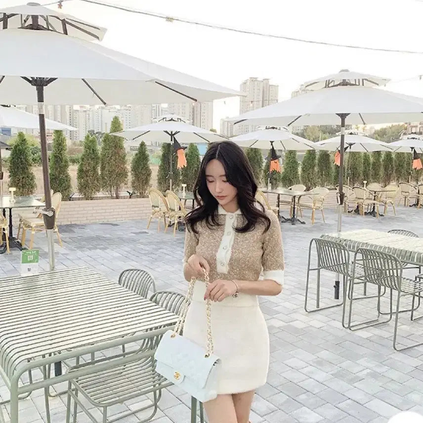 [BUNJANG] Wool Crop Jewel Knit Beige Sweater / 펄 배색 울 크롭 보석 니트 베이지 새상품 정가 8.5
