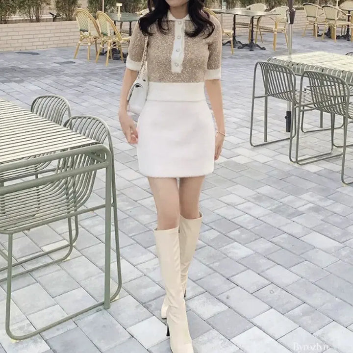 [BUNJANG] Wool Crop Jewel Knit Beige Sweater / 펄 배색 울 크롭 보석 니트 베이지 새상품 정가 8.5