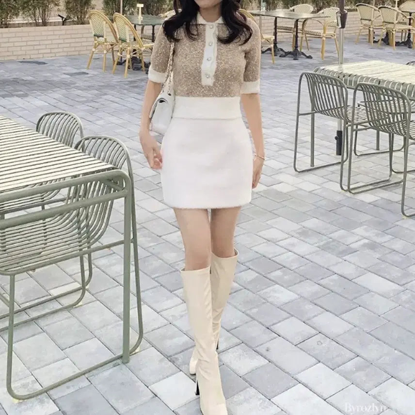 [BUNJANG] Wool Crop Jewel Knit Beige Sweater / 펄 배색 울 크롭 보석 니트 베이지 새상품 정가 8.5