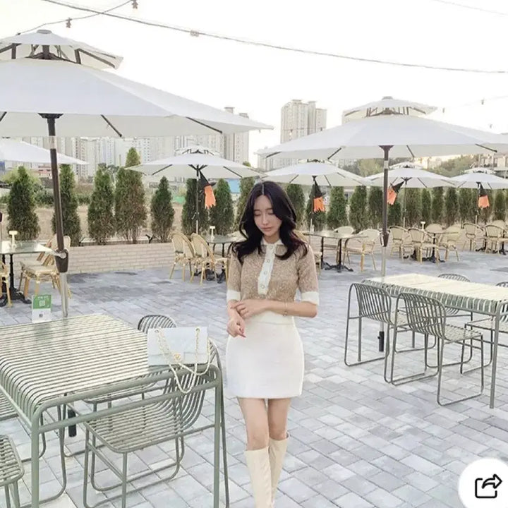 [BUNJANG] Wool Crop Jewel Knit Beige Sweater / 펄 배색 울 크롭 보석 니트 베이지 새상품 정가 8.5
