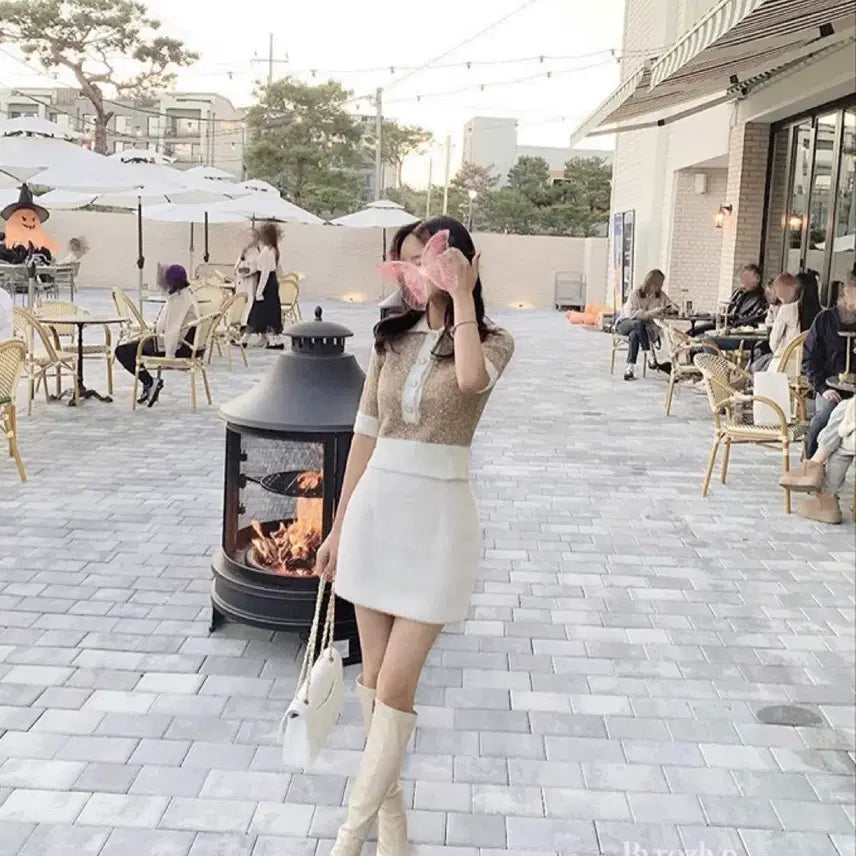 [BUNJANG] Wool Crop Jewel Knit Beige Sweater / 펄 배색 울 크롭 보석 니트 베이지 새상품 정가 8.5