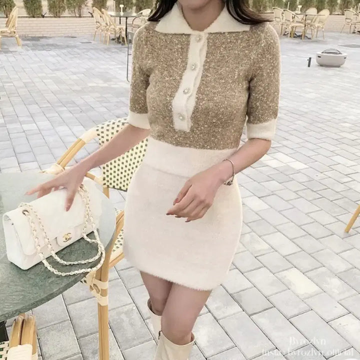 [BUNJANG] Wool Crop Jewel Knit Beige Sweater / 펄 배색 울 크롭 보석 니트 베이지 새상품 정가 8.5