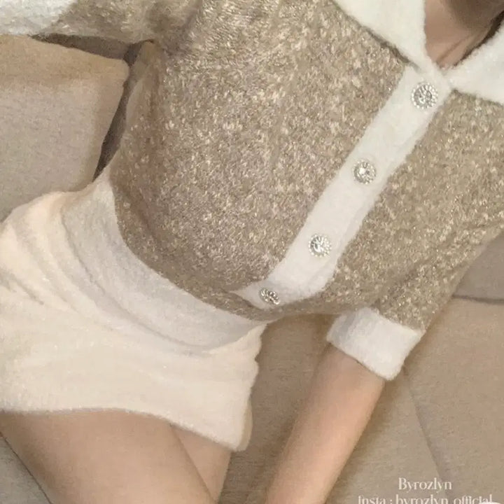 [BUNJANG] Wool Crop Jewel Knit Beige Sweater / 펄 배색 울 크롭 보석 니트 베이지 새상품 정가 8.5