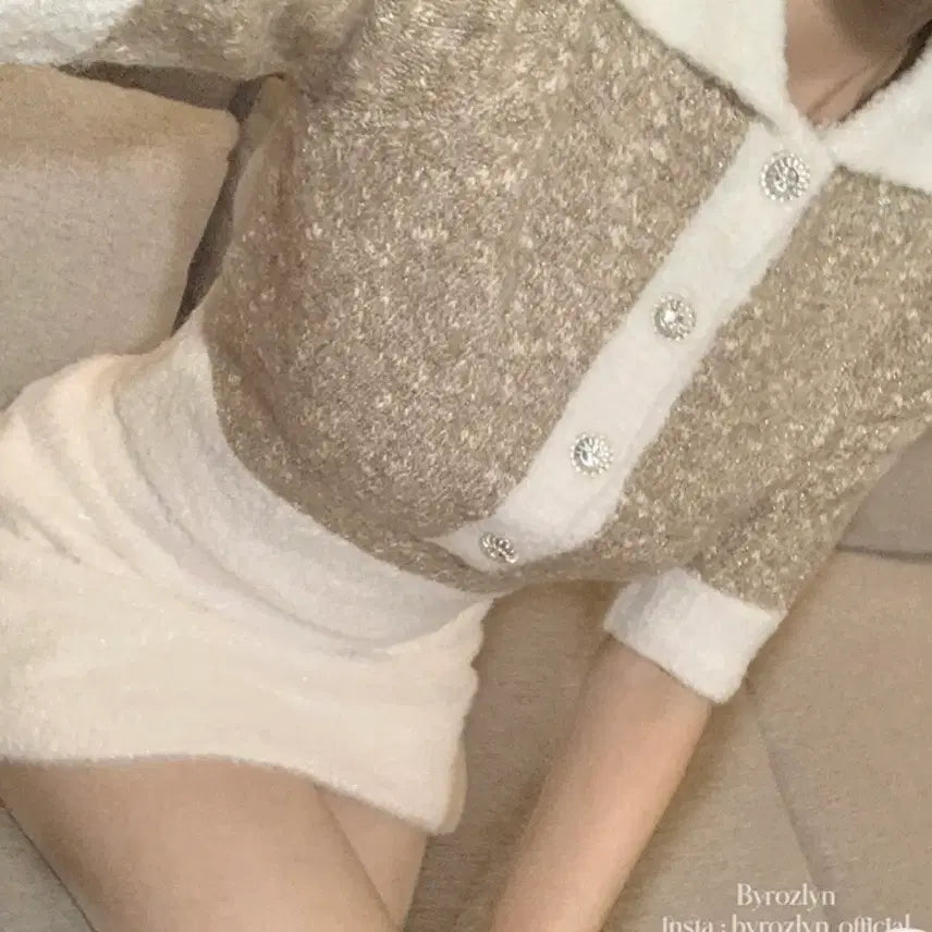 [BUNJANG] Wool Crop Jewel Knit Beige Sweater / 펄 배색 울 크롭 보석 니트 베이지 새상품 정가 8.5