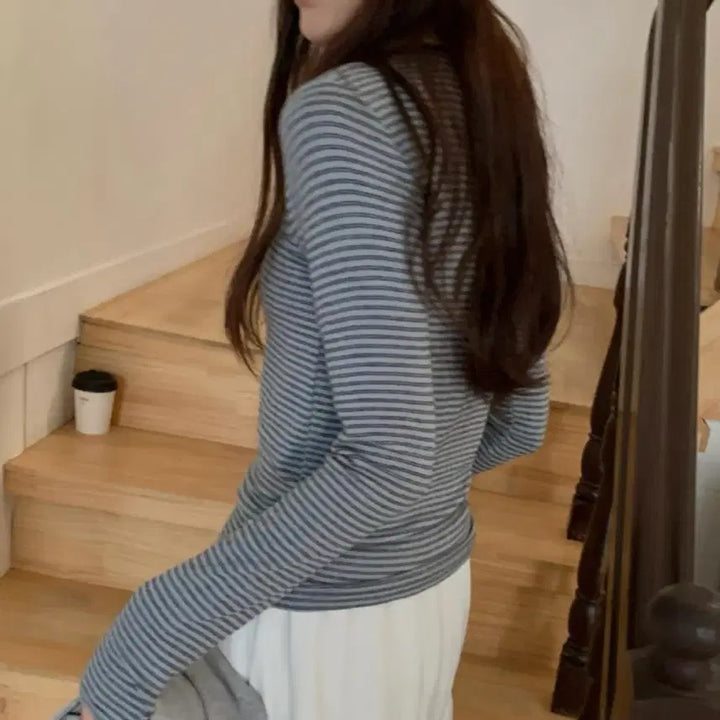 [BUNJANG] Heotheral Striped T-shirt (Sky Blue) / 히더얼 스트라이프 단가라티셔츠 (소라)