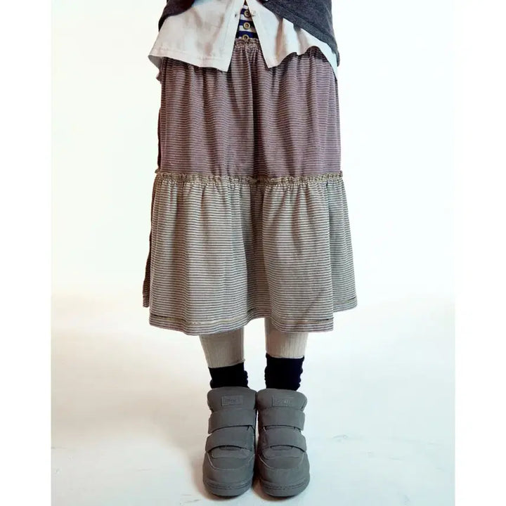 [SOLD OUT] [2] 코이세이오 컬러드 스트라이프 미디 스커트 그레이베이지