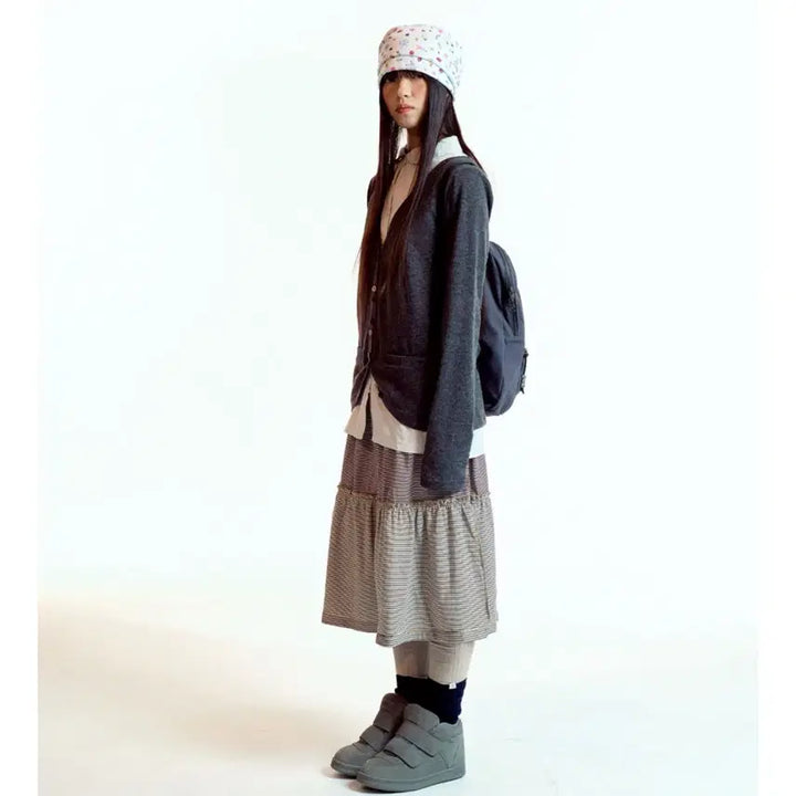 [SOLD OUT] [2] 코이세이오 컬러드 스트라이프 미디 스커트 그레이베이지