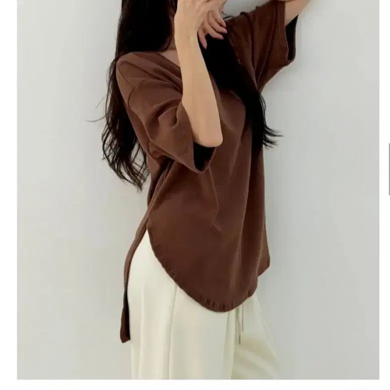 [BUNJANG] Layered Fleece T-shirt - Brown / 기모레이어드 반팔 티셔츠  브라운