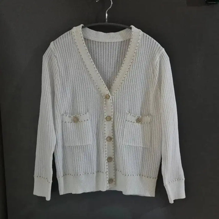 [BUNJANG] White Gold Stitch Knit Cardigan / (새상품)고퀄 화이트 금색 스티치 니트 가디건