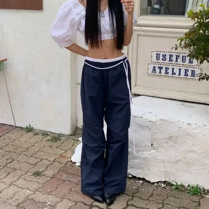 [BUNJANG] [새상품] 유희 코튼 레이어드 밴딩 와이드 팬츠 네이비 / [새상품] 유희 코튼 레이어드 밴딩 와이드 팬츠 네이비