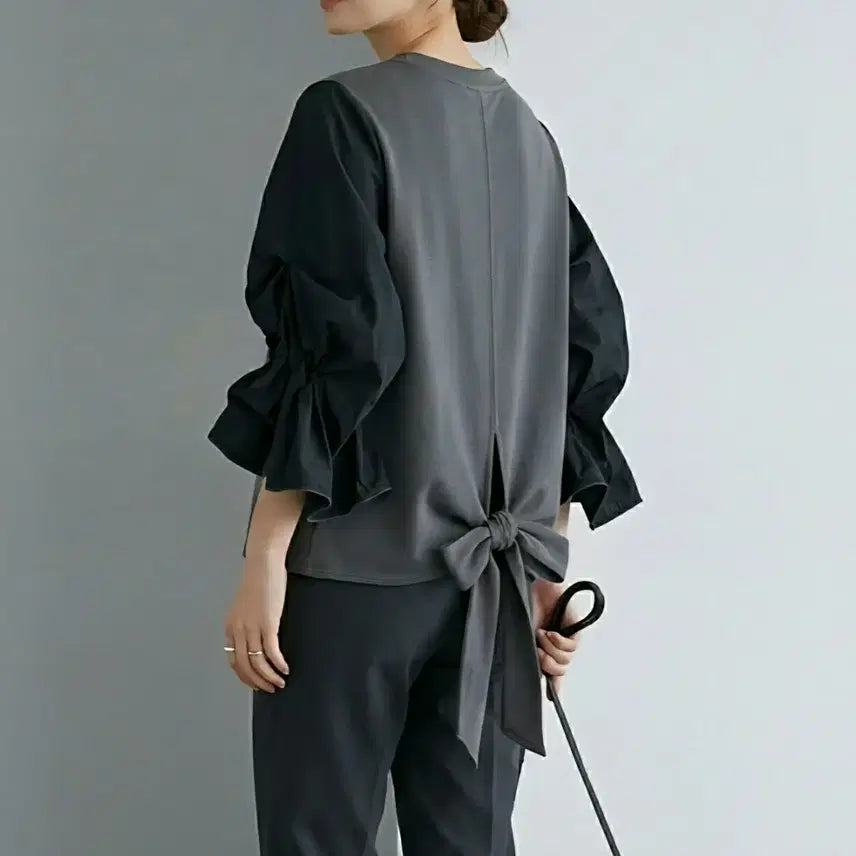 [BUNJANG] Ozzecccon Ribbon Shirring Puff Sleeve T-Shirt / [66]오즈세컨 백 리본 셔링 퍼프 슬리브 티셔츠
