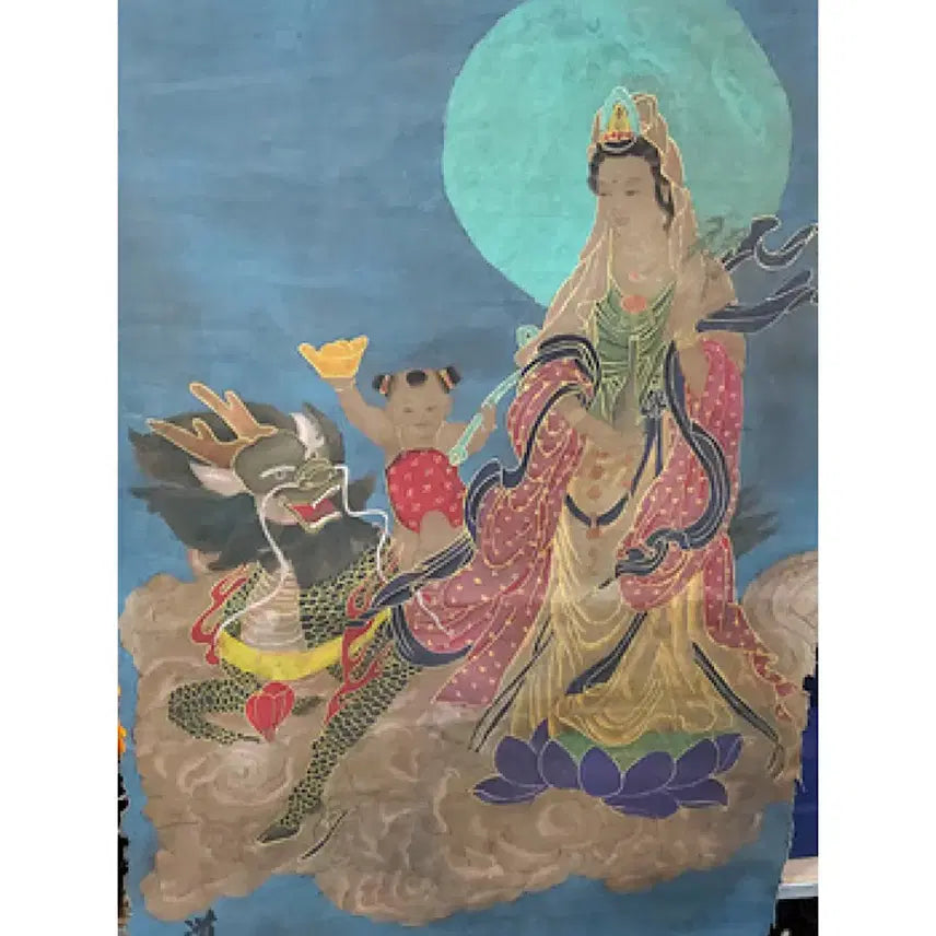 [BUNJANG] Wu Daozi Celadon Gold-Leaf Painted Avalokiteshvara Thangka Painting / 중국유명화가 오도자 필 청저 금니 채색 관음보살영수도 불화 탱화 골동품