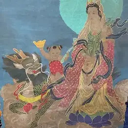 [BUNJANG] Wu Daozi Celadon Gold-Leaf Painted Avalokiteshvara Thangka Painting / 중국유명화가 오도자 필 청저 금니 채색 관음보살영수도 불화 탱화 골동품