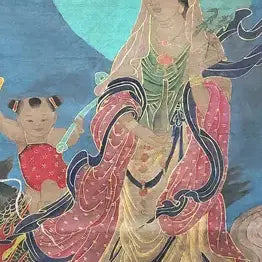 [BUNJANG] Wu Daozi Celadon Gold-Leaf Painted Avalokiteshvara Thangka Painting / 중국유명화가 오도자 필 청저 금니 채색 관음보살영수도 불화 탱화 골동품