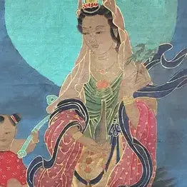 [BUNJANG] Wu Daozi Celadon Gold-Leaf Painted Avalokiteshvara Thangka Painting / 중국유명화가 오도자 필 청저 금니 채색 관음보살영수도 불화 탱화 골동품