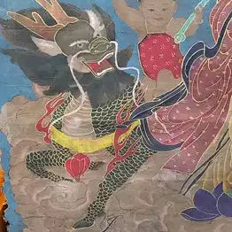 [BUNJANG] Wu Daozi Celadon Gold-Leaf Painted Avalokiteshvara Thangka Painting / 중국유명화가 오도자 필 청저 금니 채색 관음보살영수도 불화 탱화 골동품