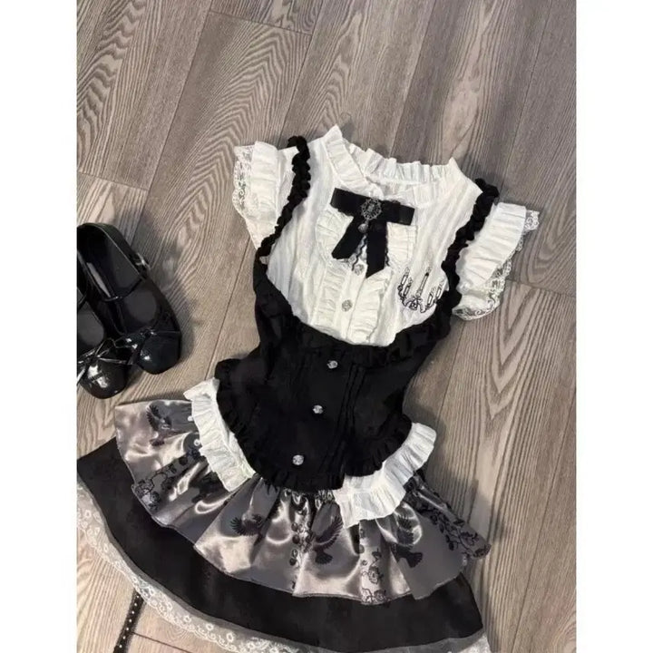 [BUNJANG] Jirai Kei Lace Blouse, Vest, and Skirt Set / 지뢰계 레이스 블라우스+조끼+스커트 세트(예약판매)