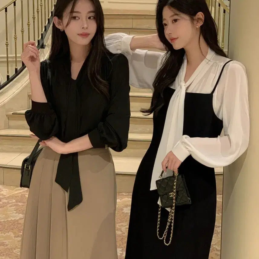 [BUNJANG] Anv V-Neck Shirring Tie Blouse (Black, M) / 애니브 브이넥 셔링 타이 블라우스 (블랙 M사이즈)