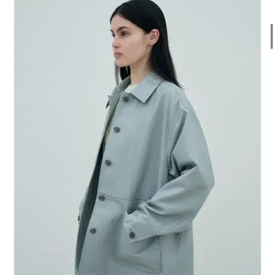 [BUNJANG] Jeonggam Studio Half Leather Jacket Light Blue / 정감스튜디오 하프 레더 자켓 라이트 블루