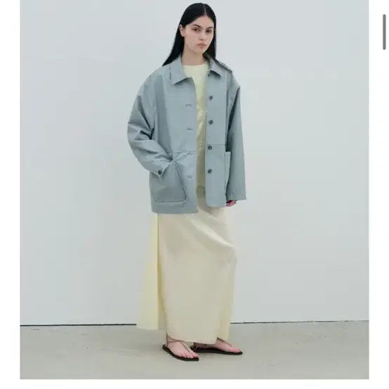 [BUNJANG] Jeonggam Studio Half Leather Jacket Light Blue / 정감스튜디오 하프 레더 자켓 라이트 블루
