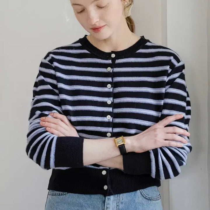 [BUNJANG] tilatuai Hailey Wool Blended Stripe Cardigan (Dark Navy) / 틸아이다이 헤일리 울블렌디드 스트라이프 가디건(다크네이비)