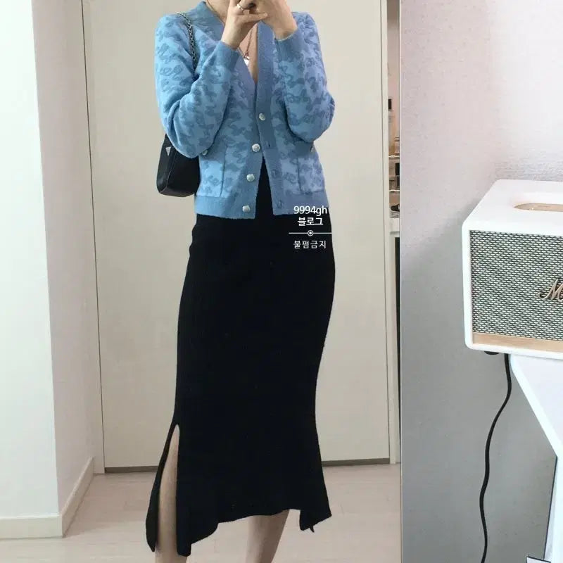 [BUNJANG] Maje Pattern Knit Cardigan Blue / 마쥬 패턴 니트 가디건 블루