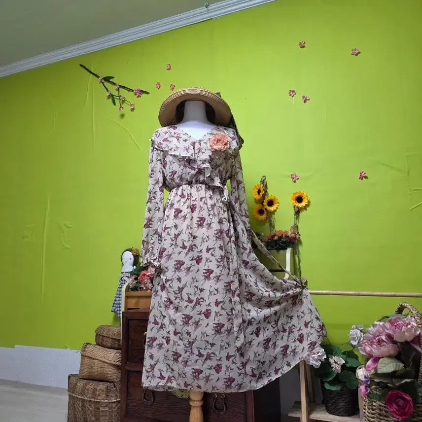 [BUNJANG] Floral Print Chiffon Maxi Dress / 데이트룩/ 셔링넥/ 퍼플꽃 / 리본끈/꽃무늬 쉬폰 롱원피스