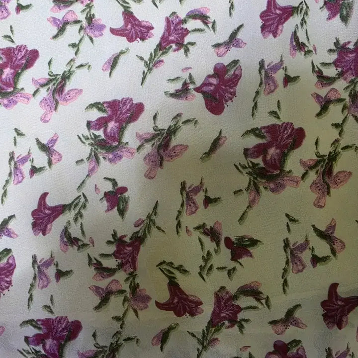 [BUNJANG] Floral Print Chiffon Maxi Dress / 데이트룩/ 셔링넥/ 퍼플꽃 / 리본끈/꽃무늬 쉬폰 롱원피스