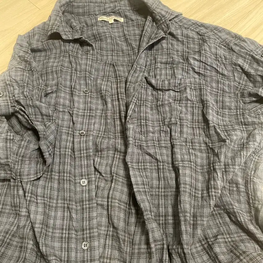[BUNJANG] Milo Archive Wrinkle Check Roll-up Half Shirt [Vintage Blue] L / 밀로 아카이브 링클 체크 롤업 하프 셔츠 [빈티지 블루] L