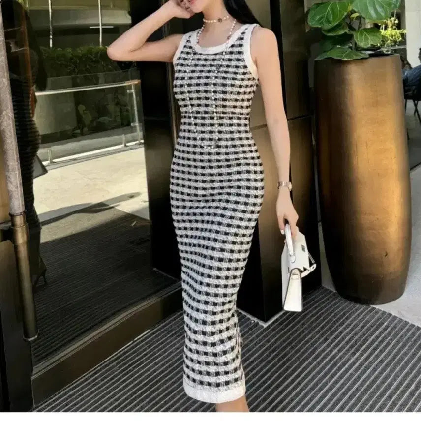 [BUNJANG] Chloeone Pearl Hound Check Dress - Black, M / 끌로네 펄 하운드 체크 원피스 - 블랙, M