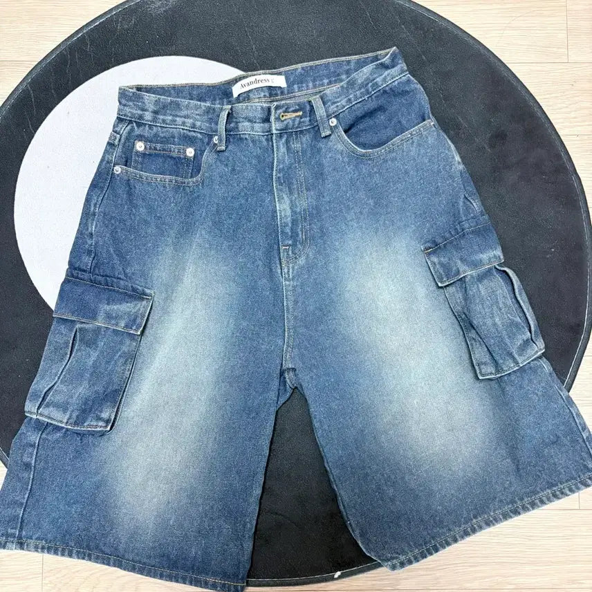 [BUNJANG] Urban Dress Wide Cargo Half Denim Bermuda Pants (L, Blue) / 어반드레스 카고 하프 데님 버뮤다팬츠 L BLUE