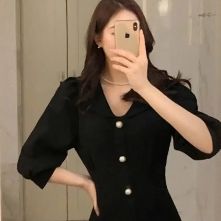 [BUNJANG] Black Long Dress with Pearl Buckle / 진주 버클 블랙 롱 원피스
