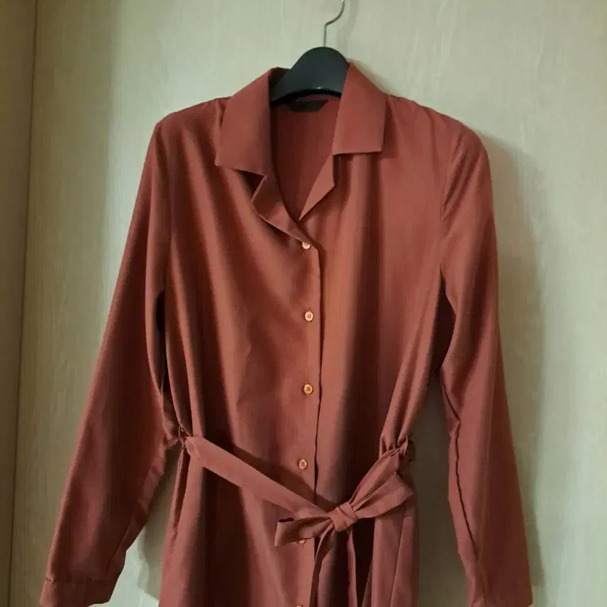 [BUNJANG] Brown Long Shirt Dress with Belt Set / 브라운 롱 셔츠 원피스 벨트 세트