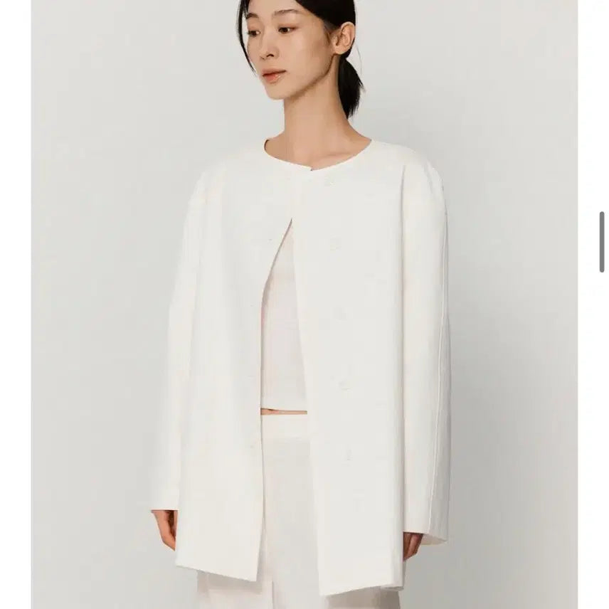 [BUNJANG] Nokseop Collarless Half Trench Coat - White Jacket / 녹섭 자켓 collarless half trench coat_white