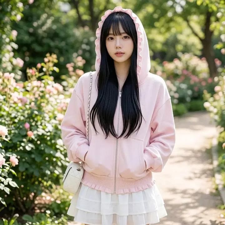 [BUNJANG] Pink Frill Hooded Zip-up / 핑크 프릴 후드집업 여성후드집업