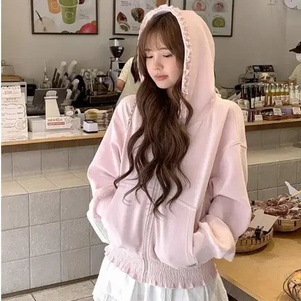 [BUNJANG] Pink Frill Hooded Zip-up / 핑크 프릴 후드집업 여성후드집업